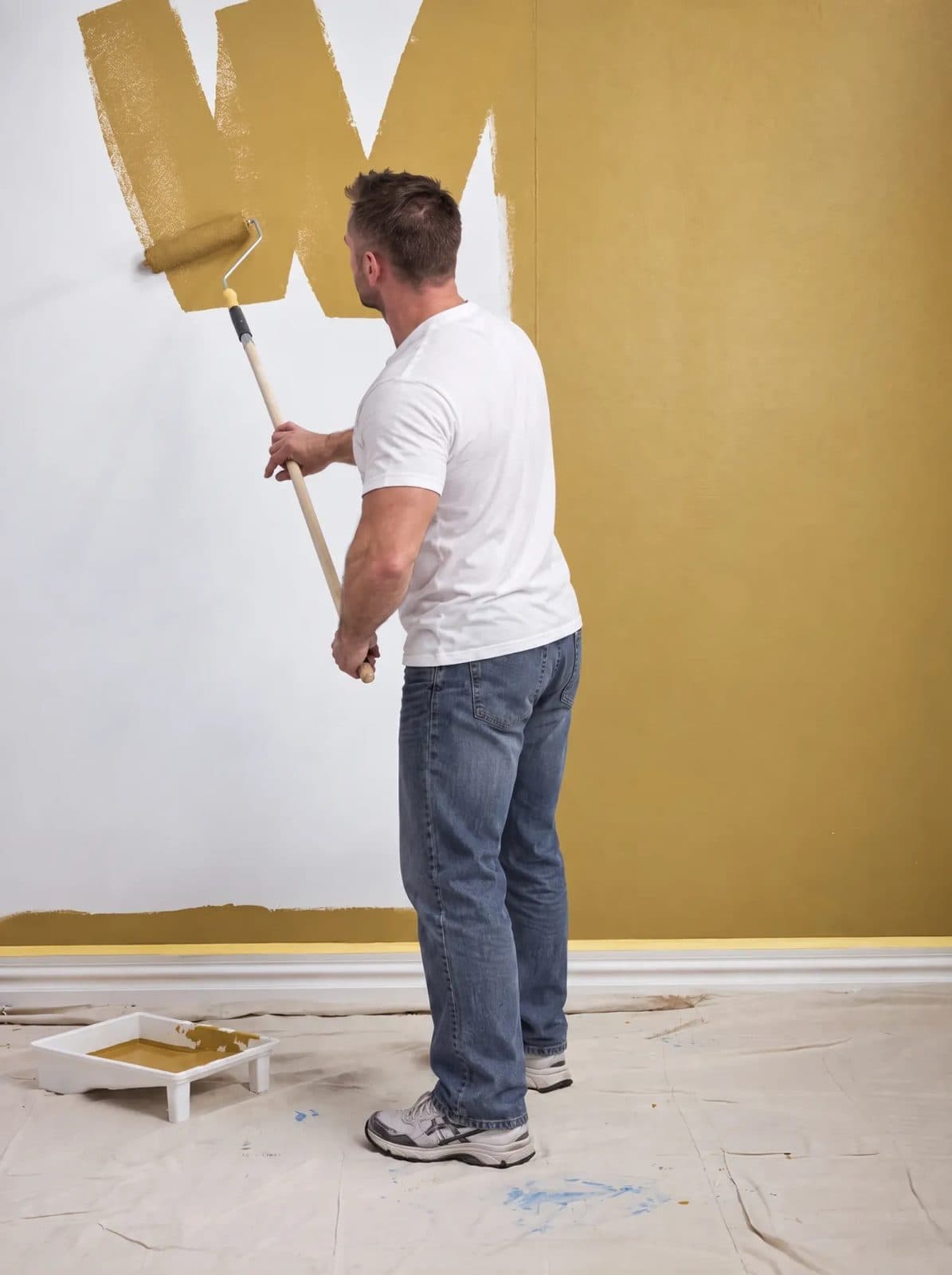 Casey Wissink rolling a coat of gold paint onto an interior wall