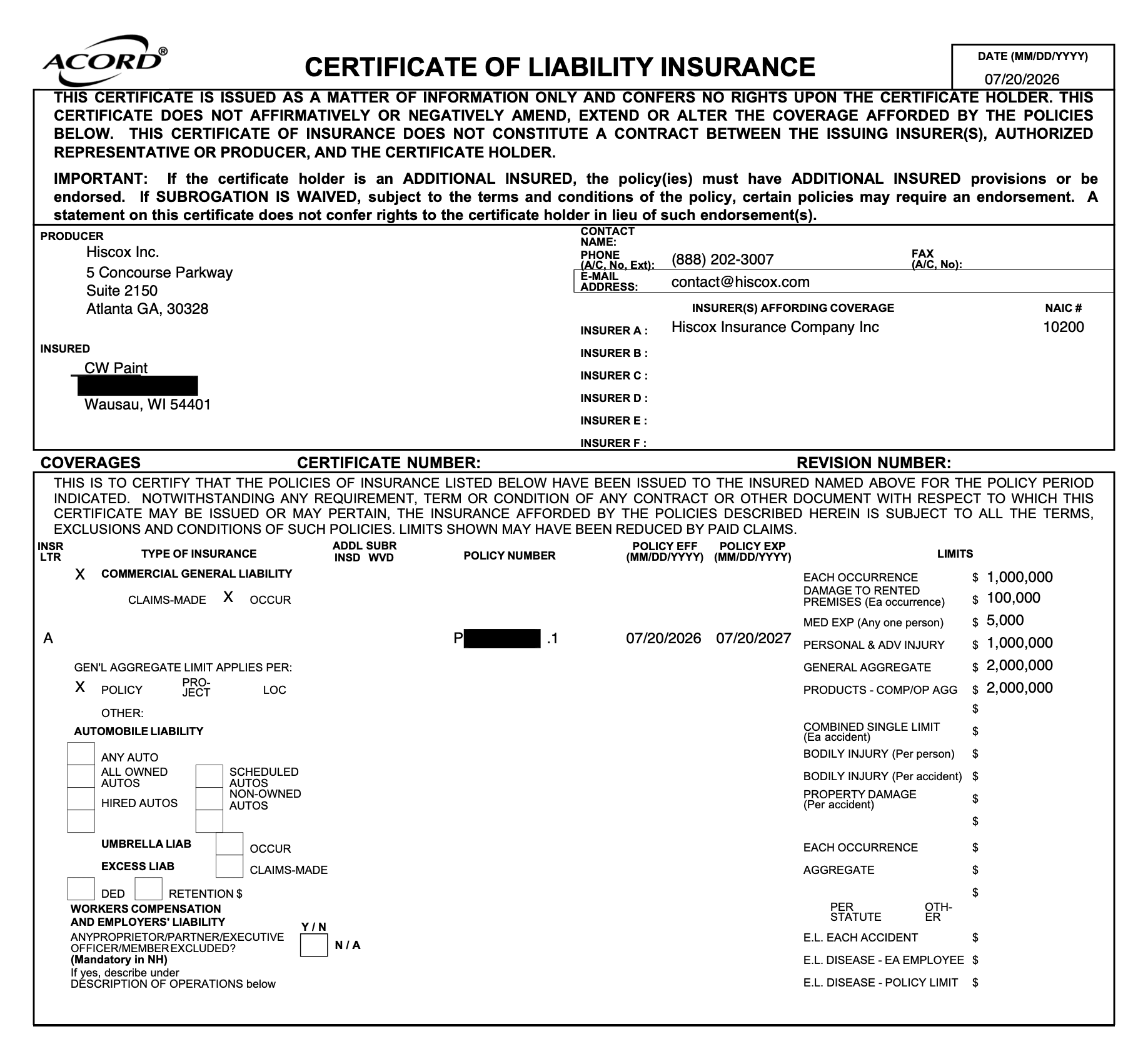 CW Paint certificate of liability insurance from Hiscox Insurance Company, policy period 07/20/2026 to 07/20/2027, with $1,000,000 each occurrence and $2,000,000 general aggregate. Address and policy number redacted.